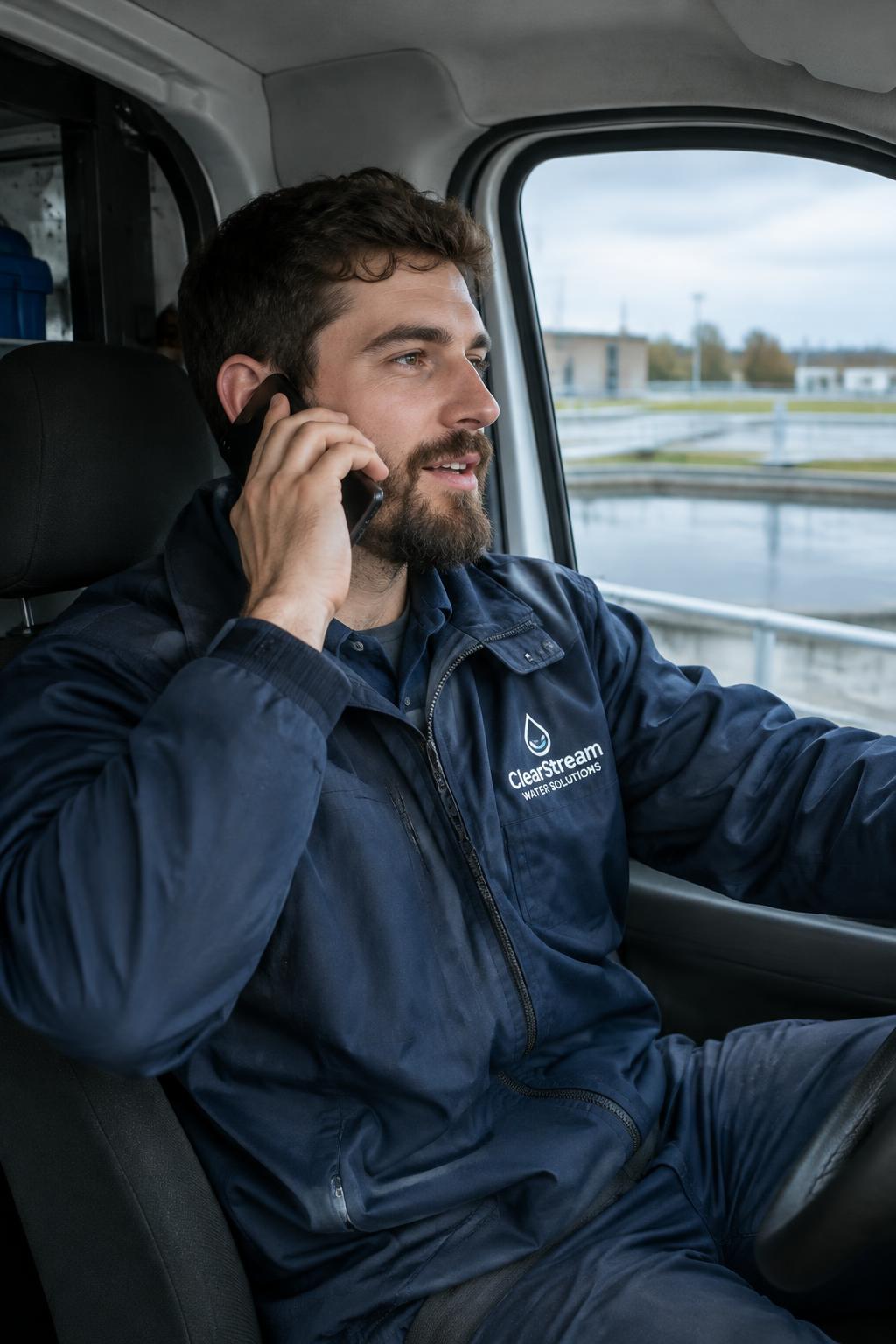 Water treatment technician taking a call from his service van